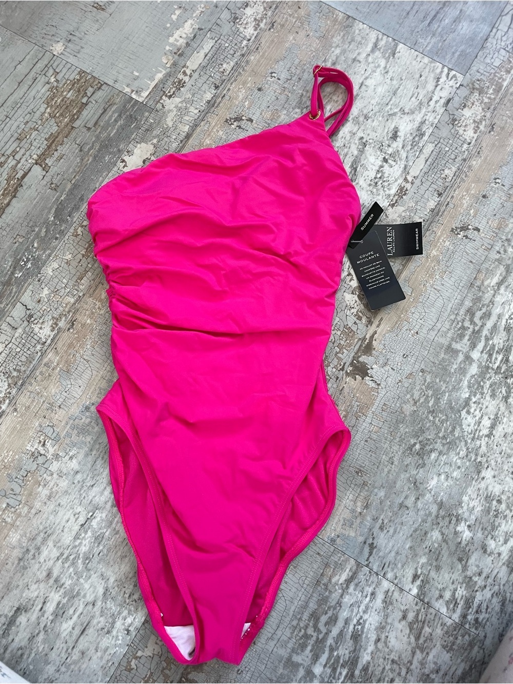 NWT LAUREN Ralph Lauren Hot Pink One Piece off the shoulder Bathing Suit